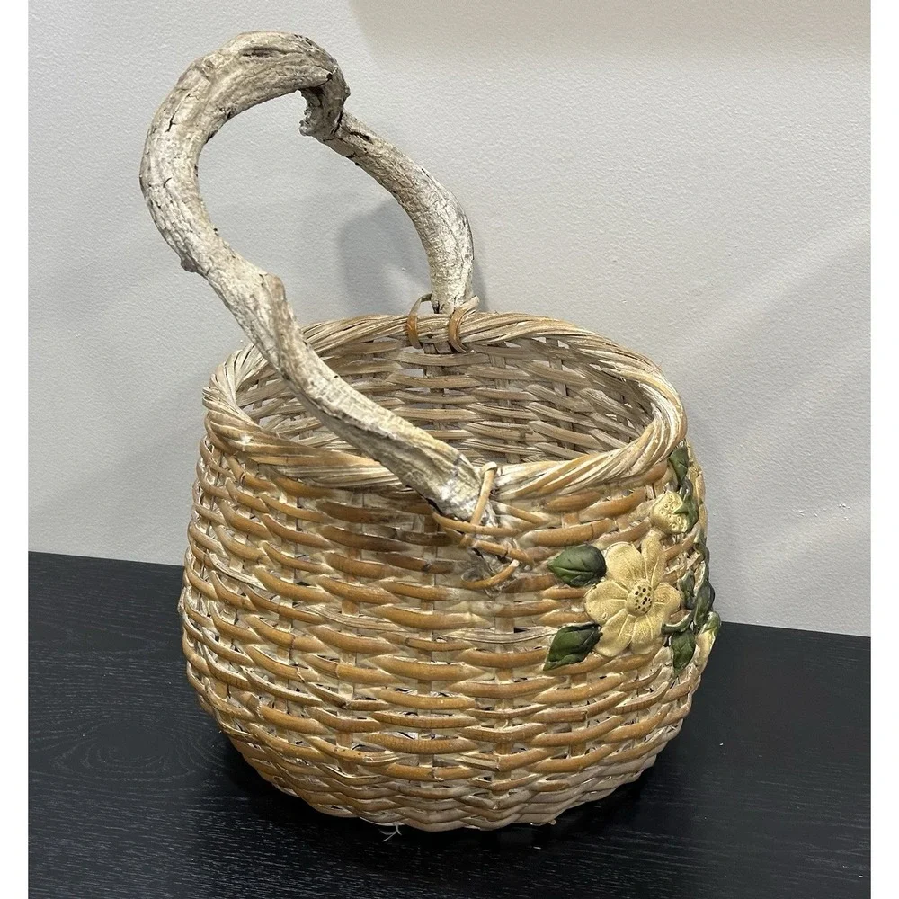 Vintage Wicker Basket Twig Handle 3D Yellow Flower Boho Cottagecore Gathering